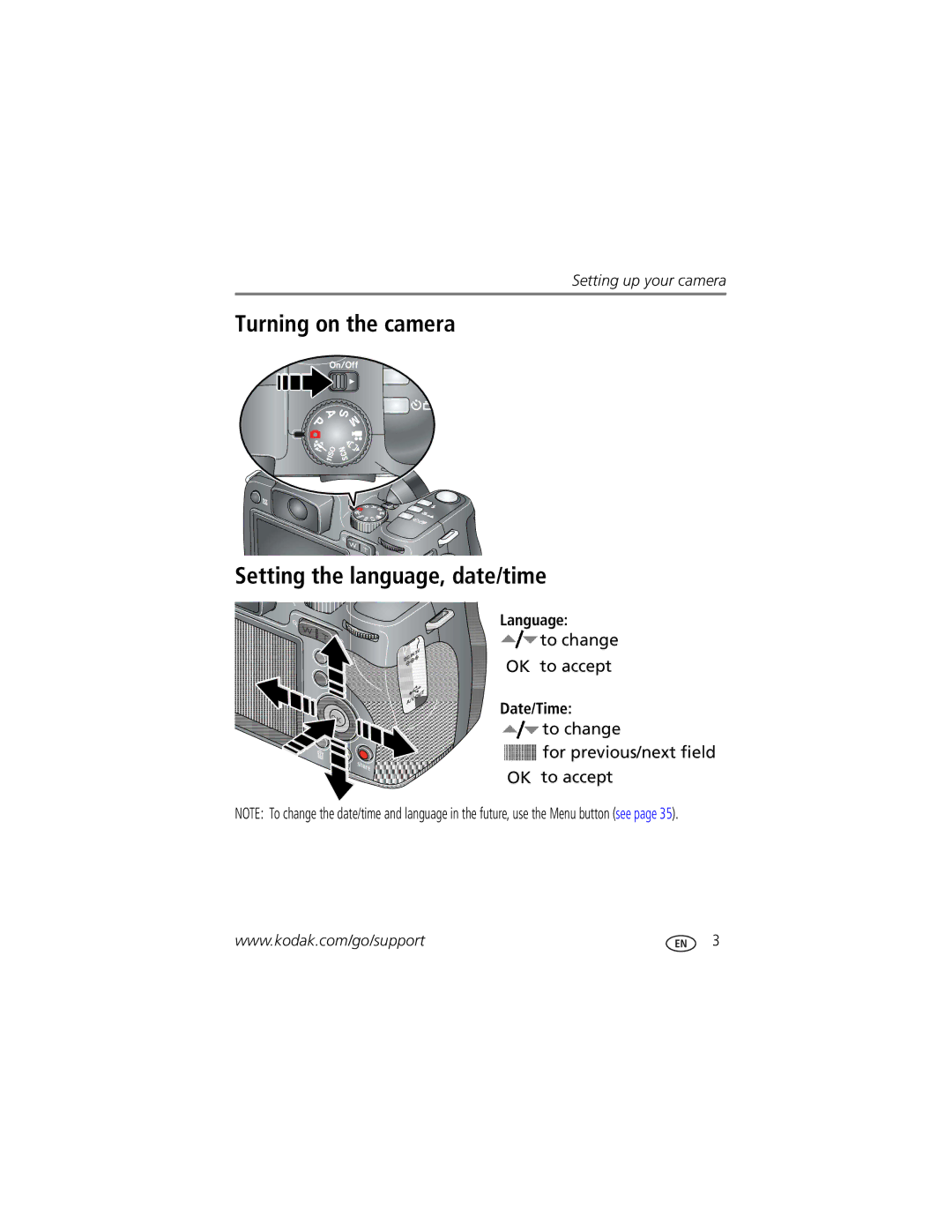Kodak Z1012 IS manual Turning on the camera Setting the language, date/time, Language, To change OK to accept, Date/Time 