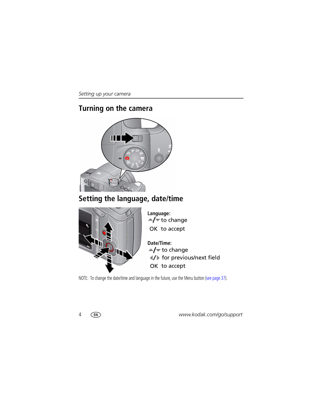 Kodak Z1015 IS manual Turning on the camera Setting the language, date/time, Language, To change OK to accept, Date/Time 