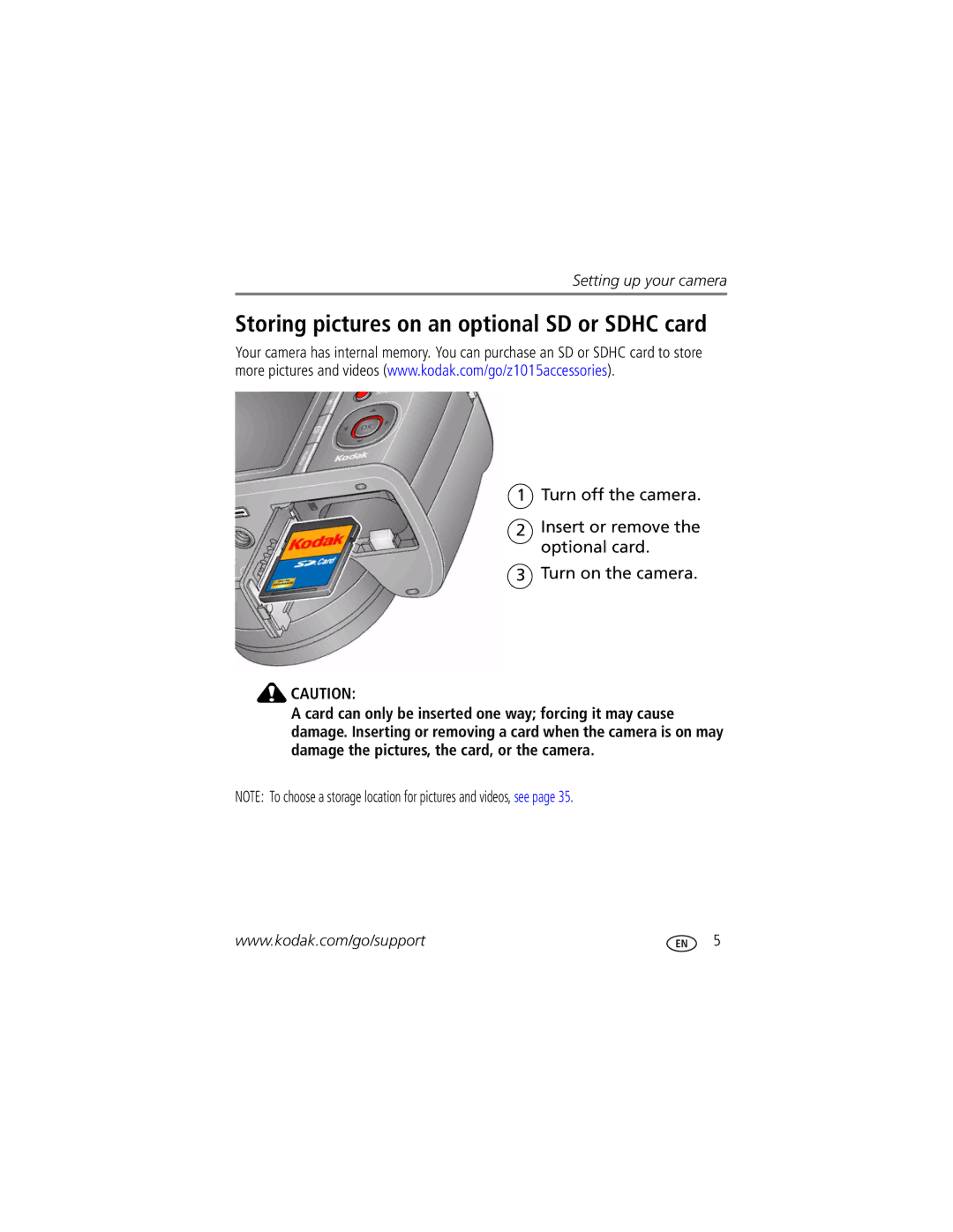 Kodak Z1015 IS manual Storing pictures on an optional SD or Sdhc card 