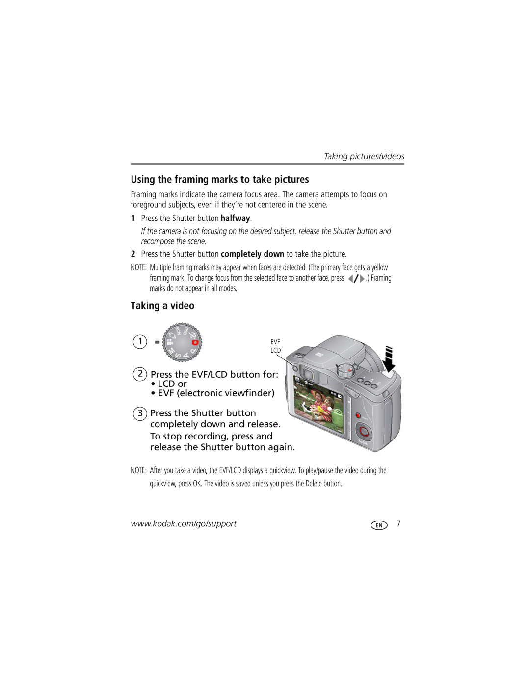 Kodak Z1015 IS manual Using the framing marks to take pictures, Taking a video, Press the Shutter button halfway 