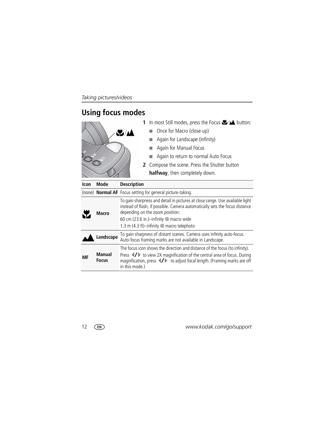 Kodak Z1015 IS manual Using focus modes, Icon Mode Description, Macro 