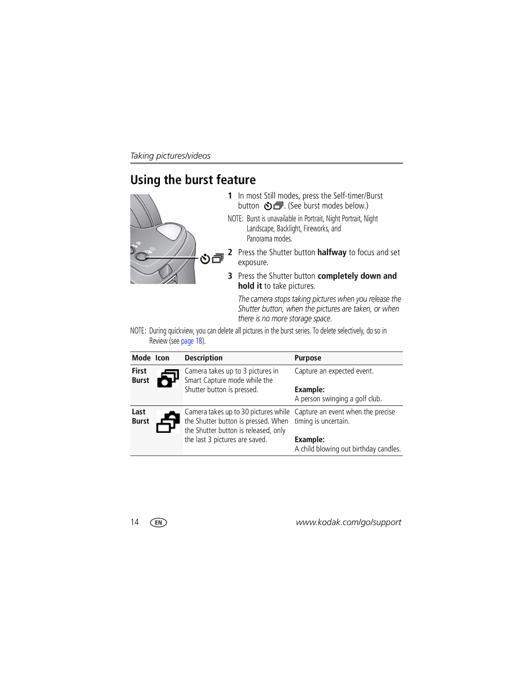 Kodak Z1015 IS manual Using the burst feature, Mode Icon Description Purpose First, Capture an expected event, Burst 