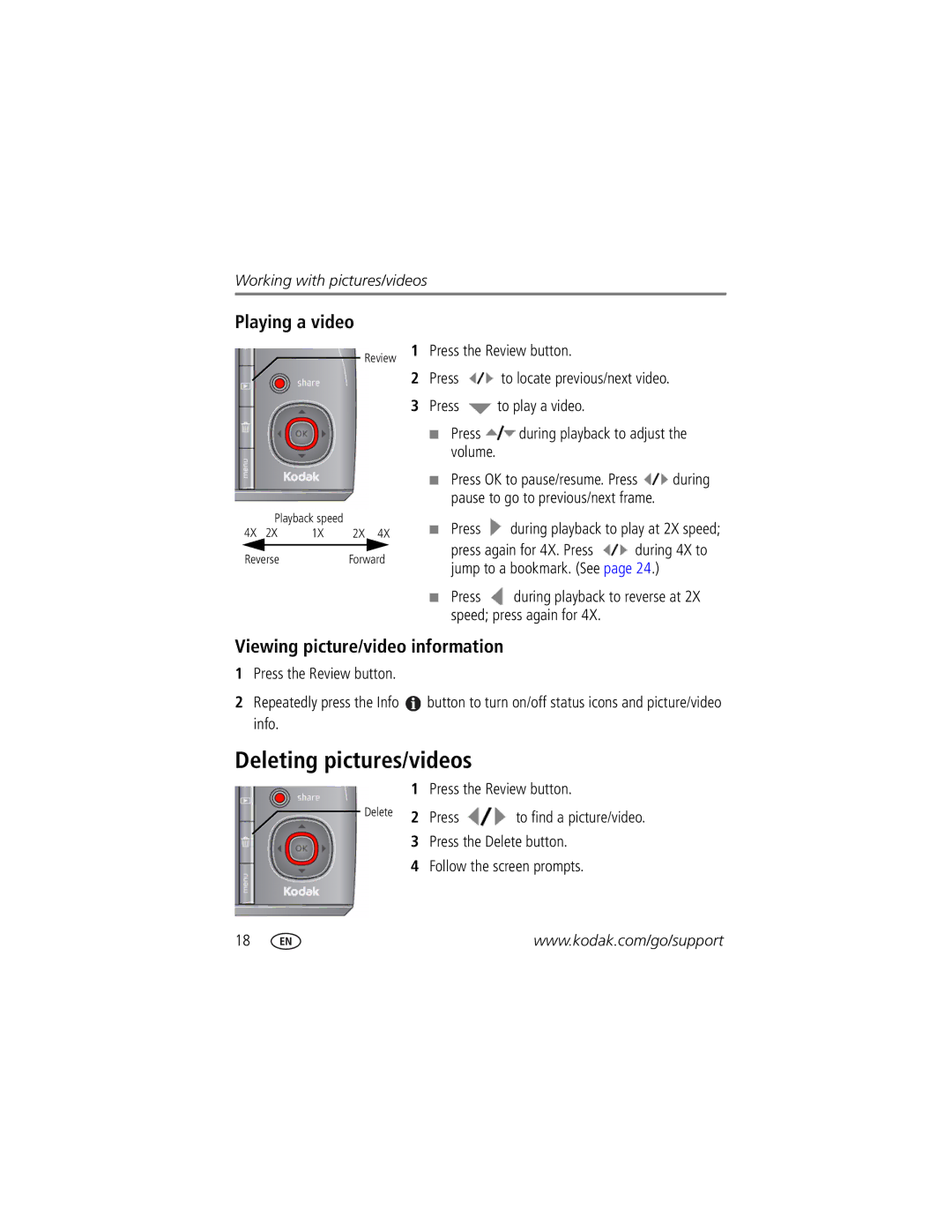 Kodak Z1015 IS manual Deleting pictures/videos, Playing a video, Viewing picture/video information 