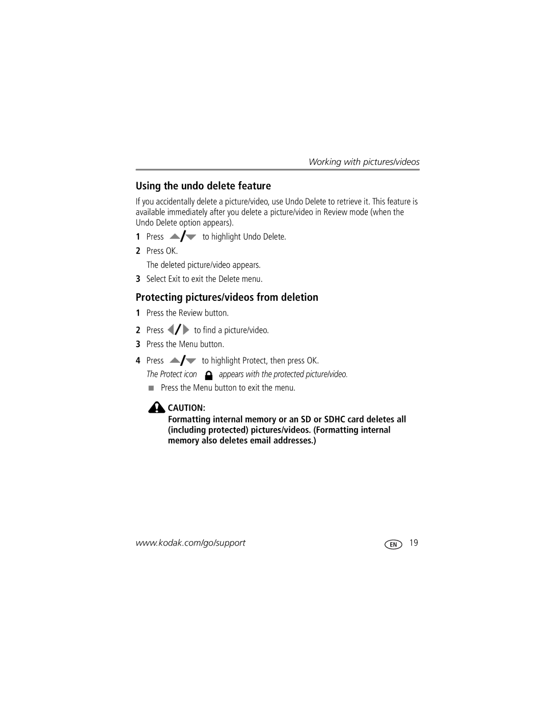 Kodak Z1015 IS manual Using the undo delete feature, Protecting pictures/videos from deletion 