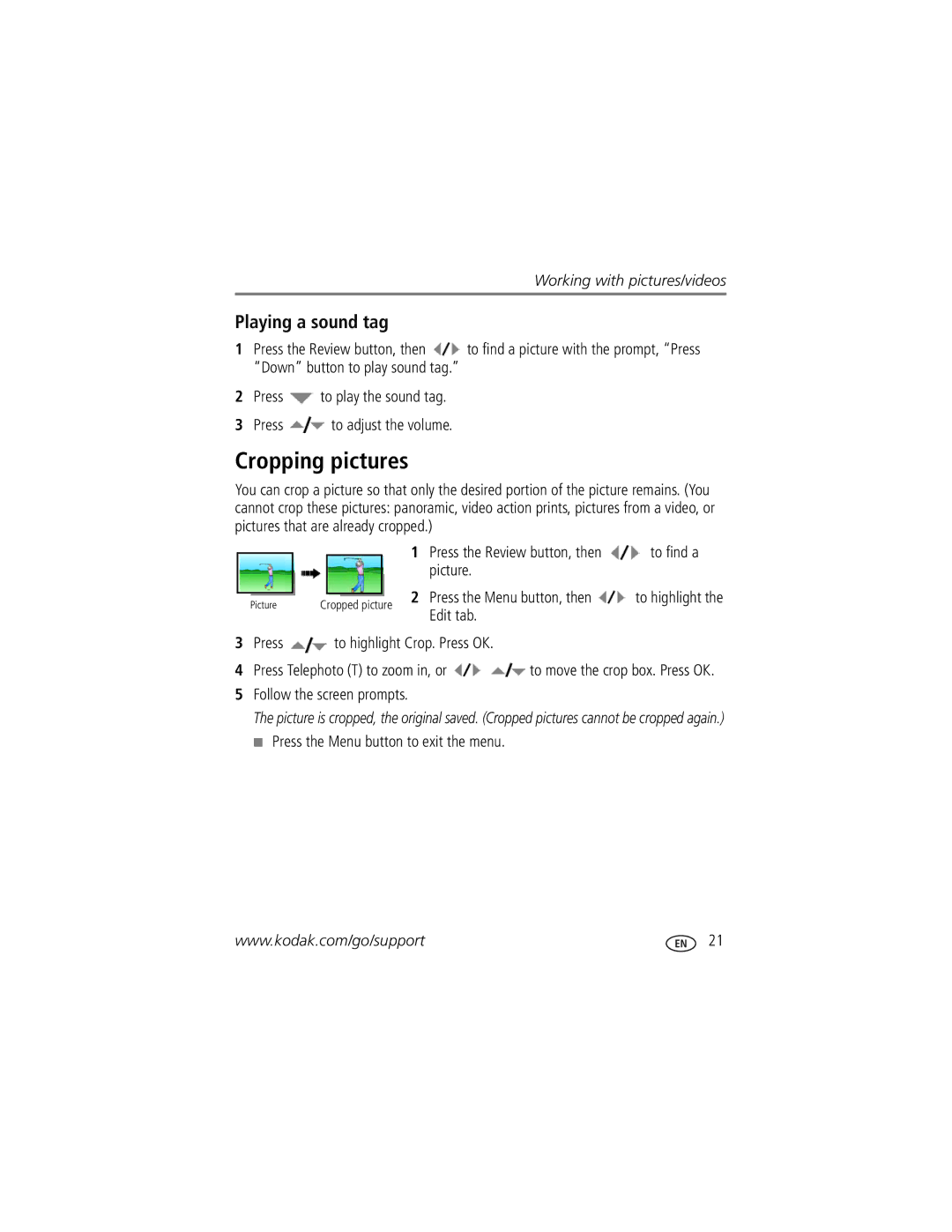 Kodak Z1015 IS manual Cropping pictures, Playing a sound tag, Edit tab Press to highlight Crop. Press OK 