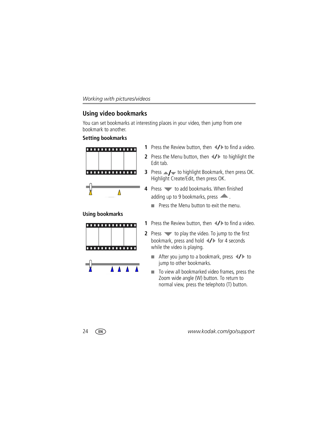 Kodak Z1015 IS manual Using video bookmarks, Setting bookmarks, Using bookmarks 