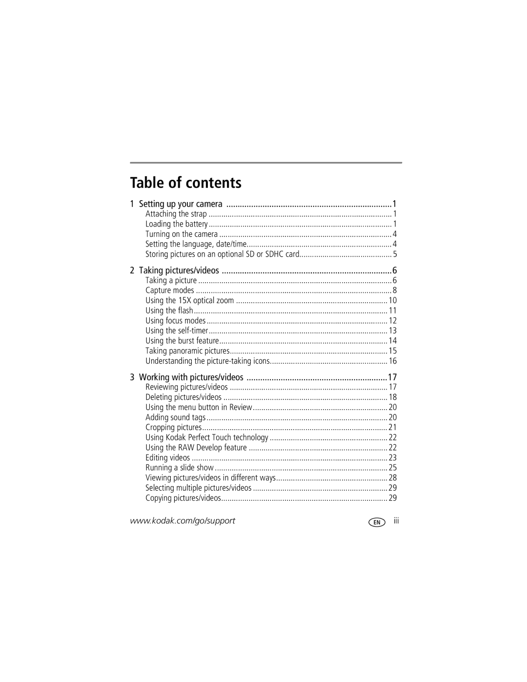 Kodak Z1015 IS manual Table of contents 