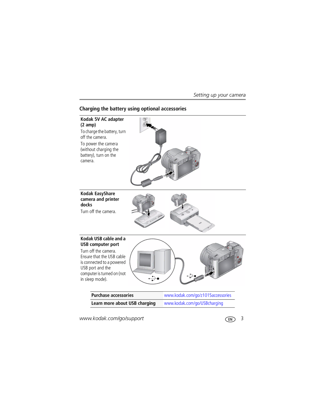 Kodak Z1015 IS manual Charging the battery using optional accessories, Kodak 5V AC adapter 2 amp 