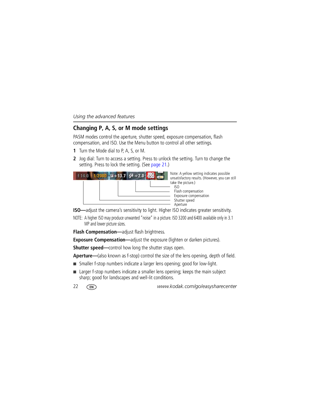 Kodak z1015 manual Changing P, A, S, or M mode settings, Turn the Mode dial to P, A, S, or M 