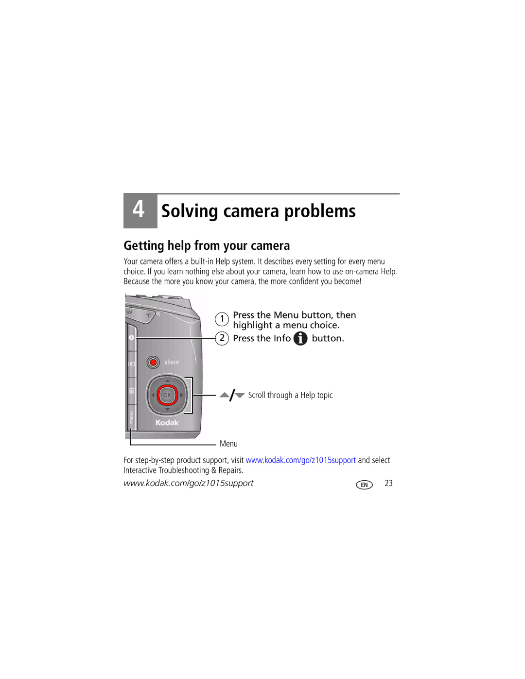 Kodak z1015 manual Solving camera problems, Getting help from your camera 