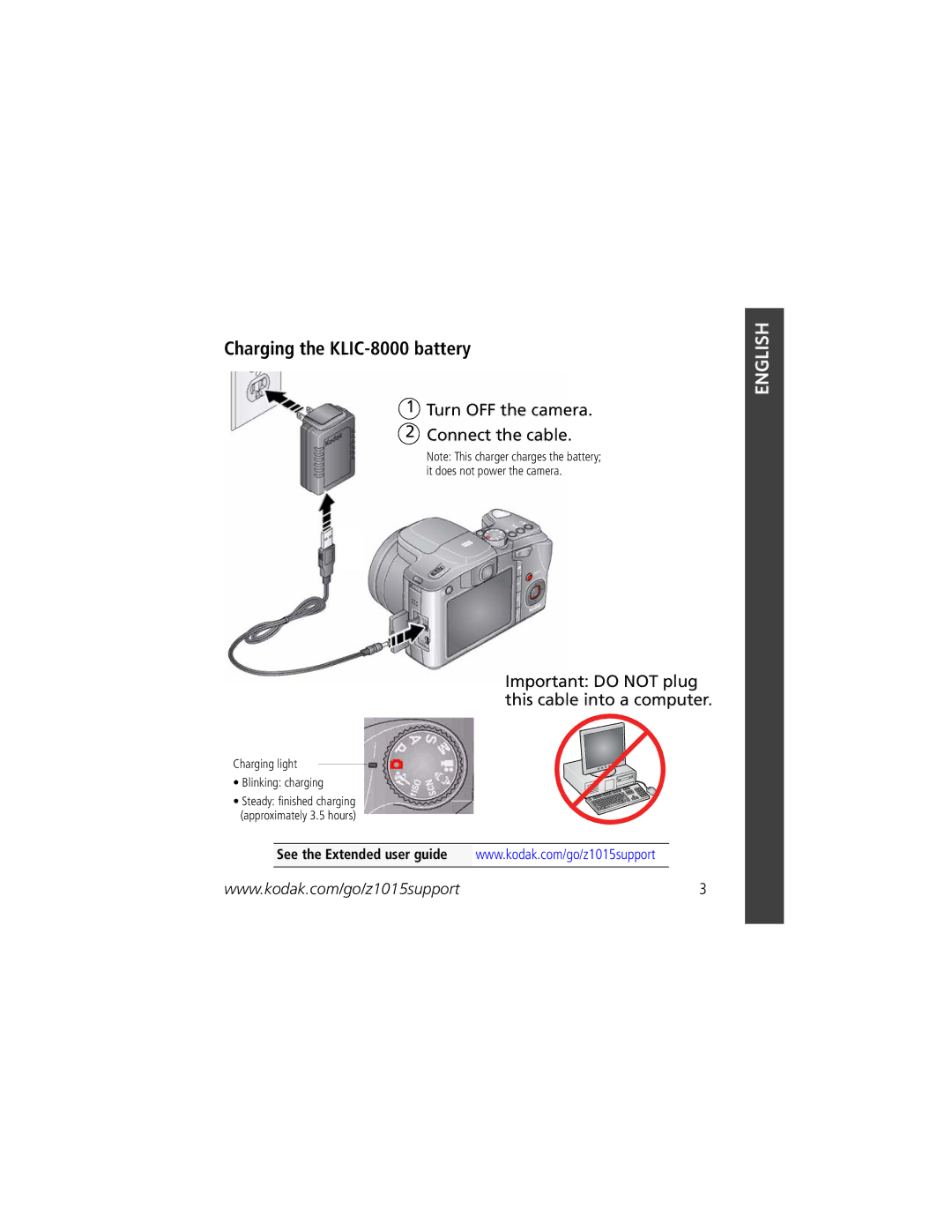 Kodak z1015 manual Charging the KLIC-8000 battery 