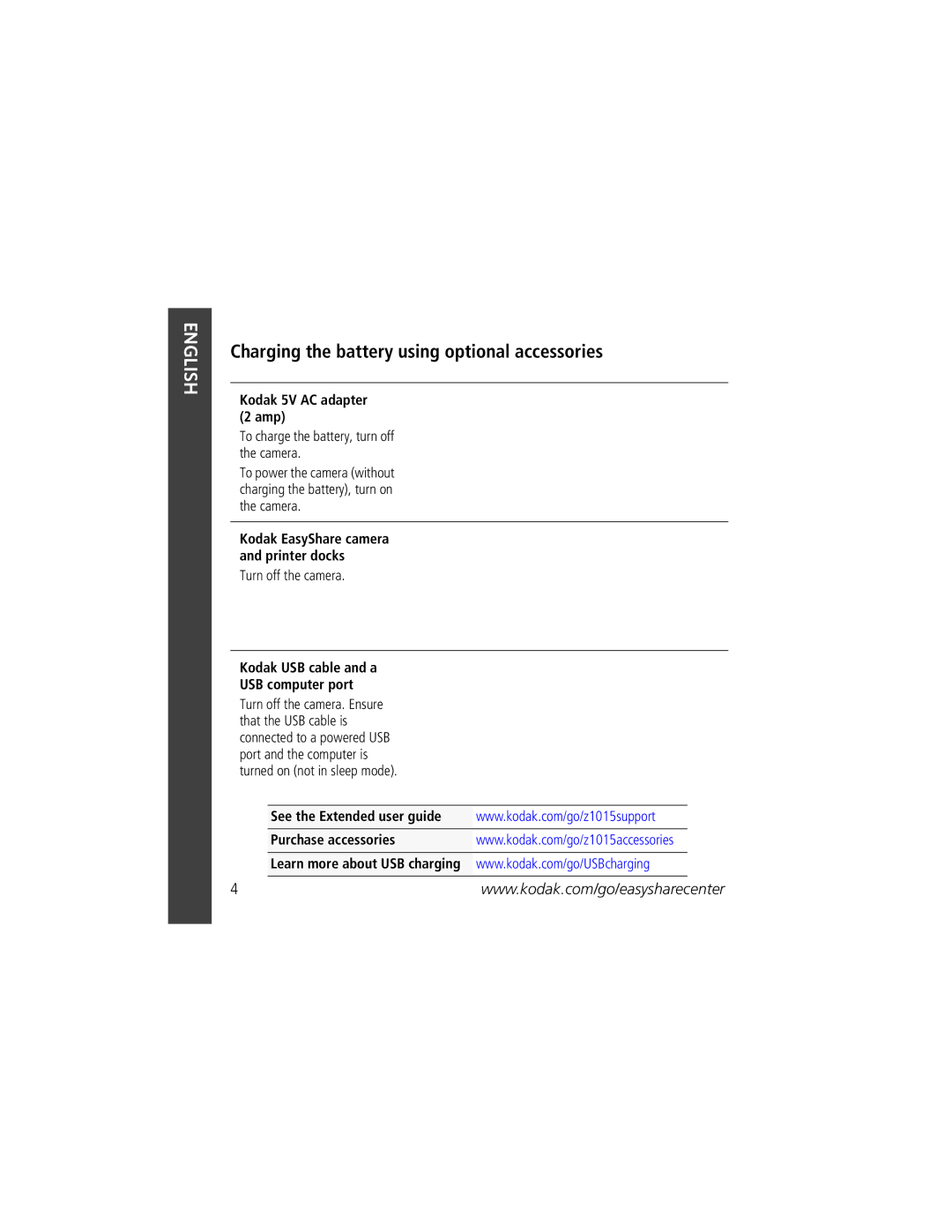 Kodak z1015 manual Charging the battery using optional accessories, Kodak 5V AC adapter 2 amp 