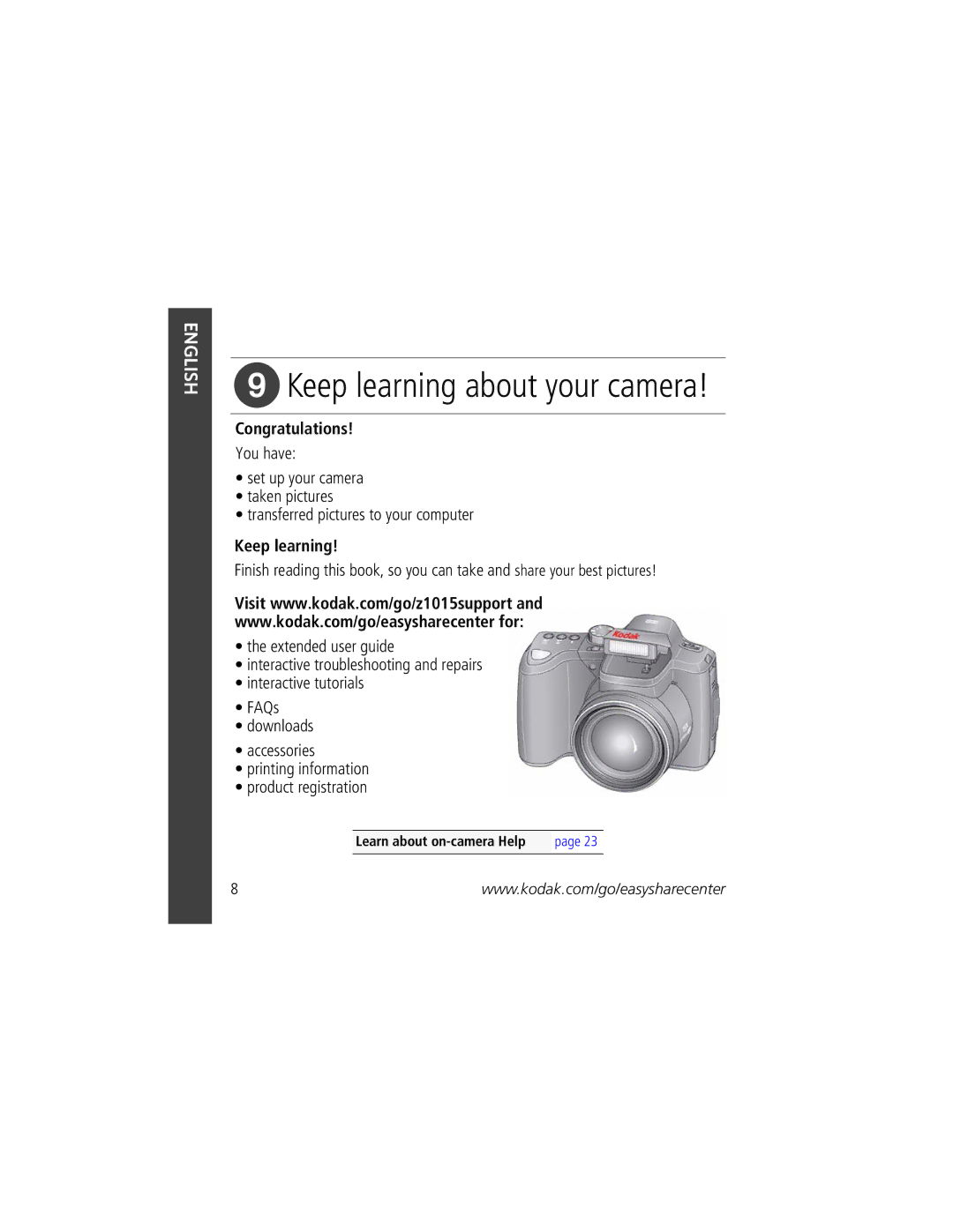 Kodak z1015 manual Keep learning about your camera, Learn about on-camera Help 