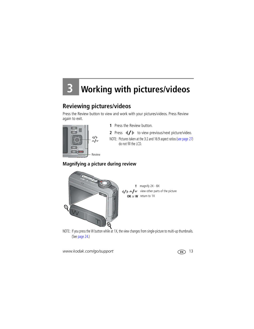 Kodak Z1085 IS manual Reviewing pictures/videos, Magnifying a picture during review 