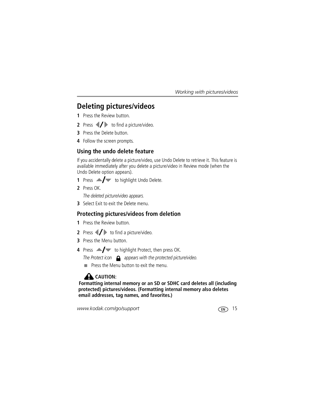 Kodak Z1085 IS manual Deleting pictures/videos, Using the undo delete feature, Protecting pictures/videos from deletion 