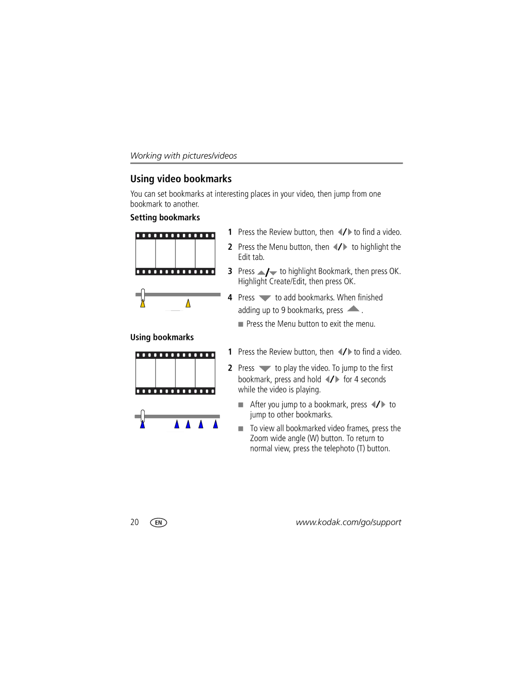 Kodak Z1085 IS manual Using video bookmarks, Setting bookmarks, Using bookmarks 