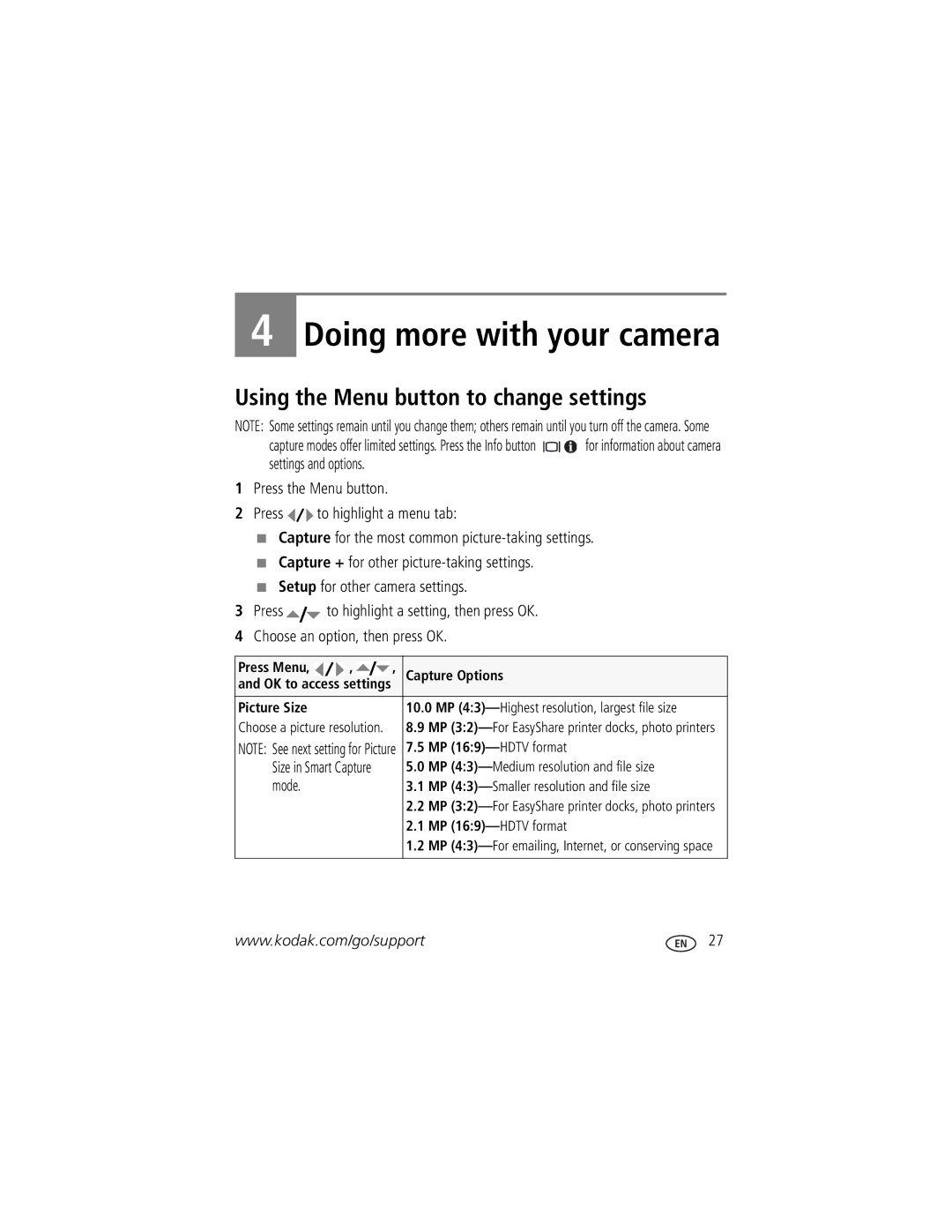 Kodak Z1085 IS manual Using the Menu button to change settings 