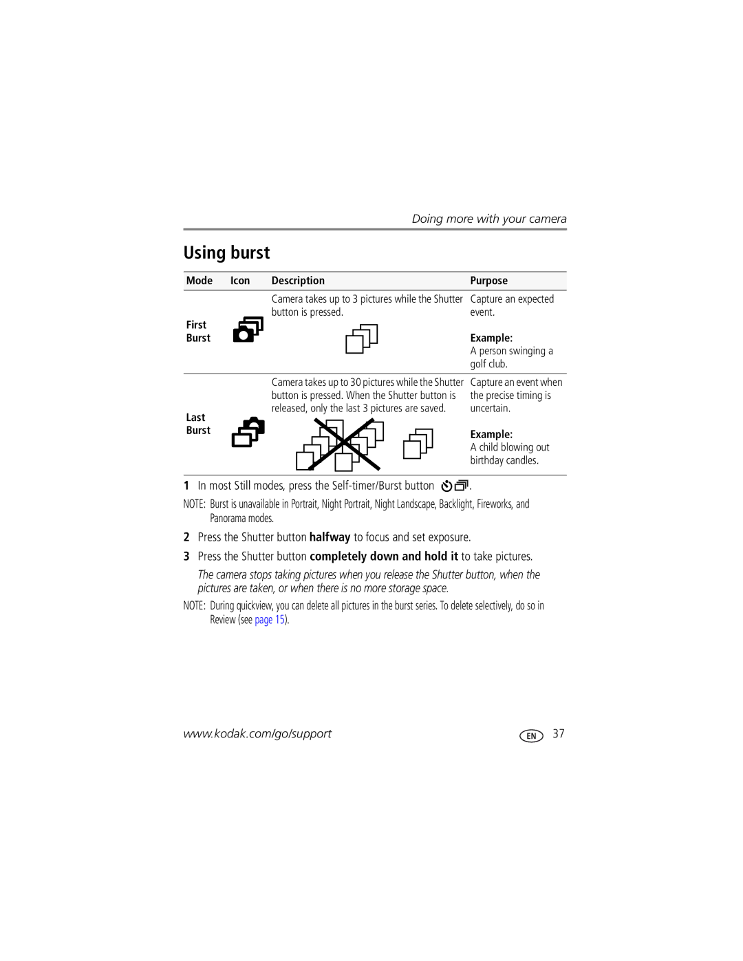 Kodak Z1085 IS manual Using burst, Mode Icon Description Purpose, Button is pressed Event First Burst Example, Last Burst 