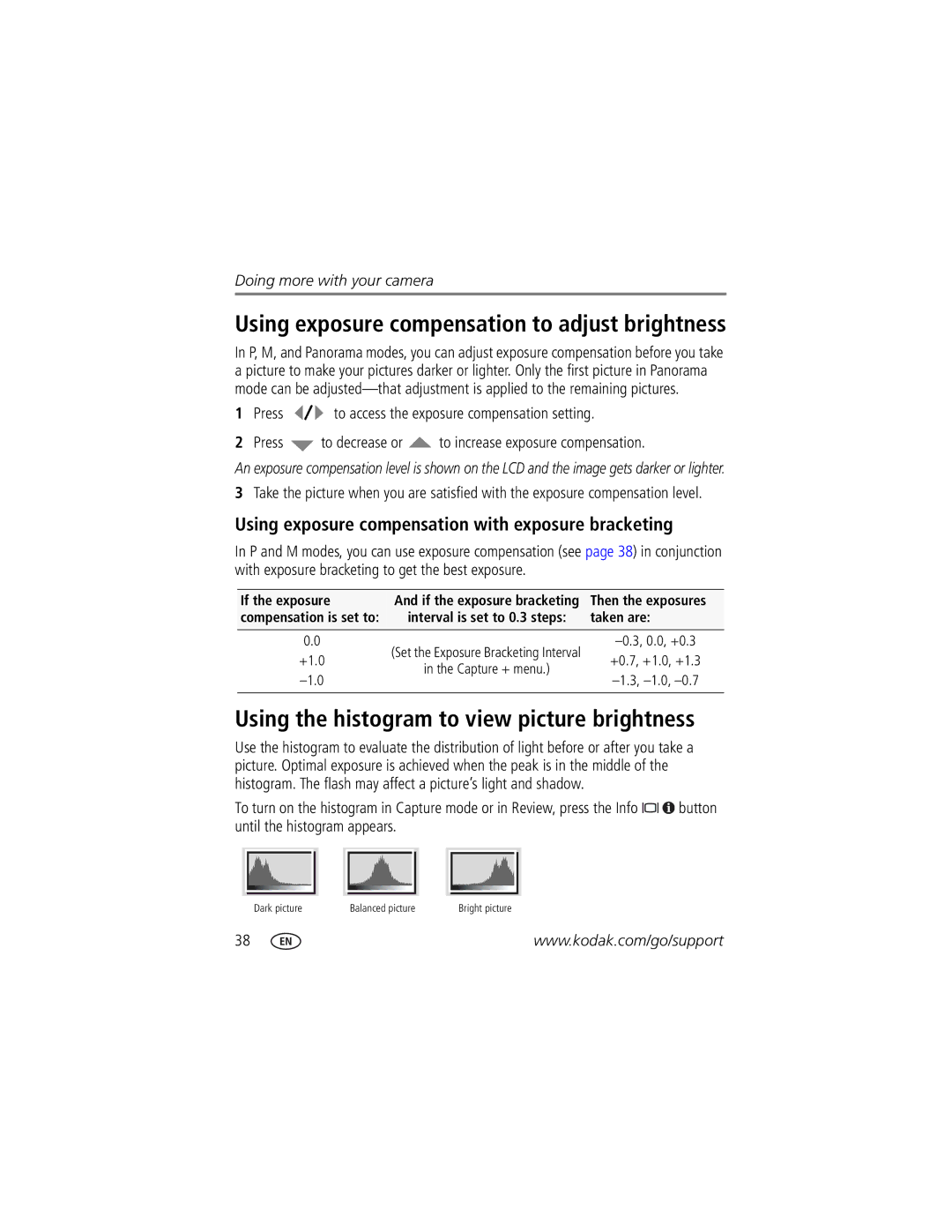 Kodak Z1085 IS manual Using the histogram to view picture brightness, Using exposure compensation with exposure bracketing 