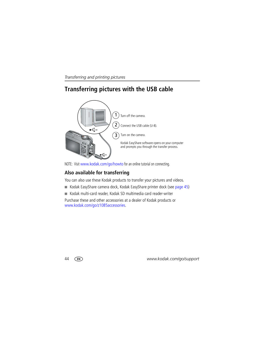 Kodak Z1085 IS manual Transferring pictures with the USB cable, Also available for transferring 