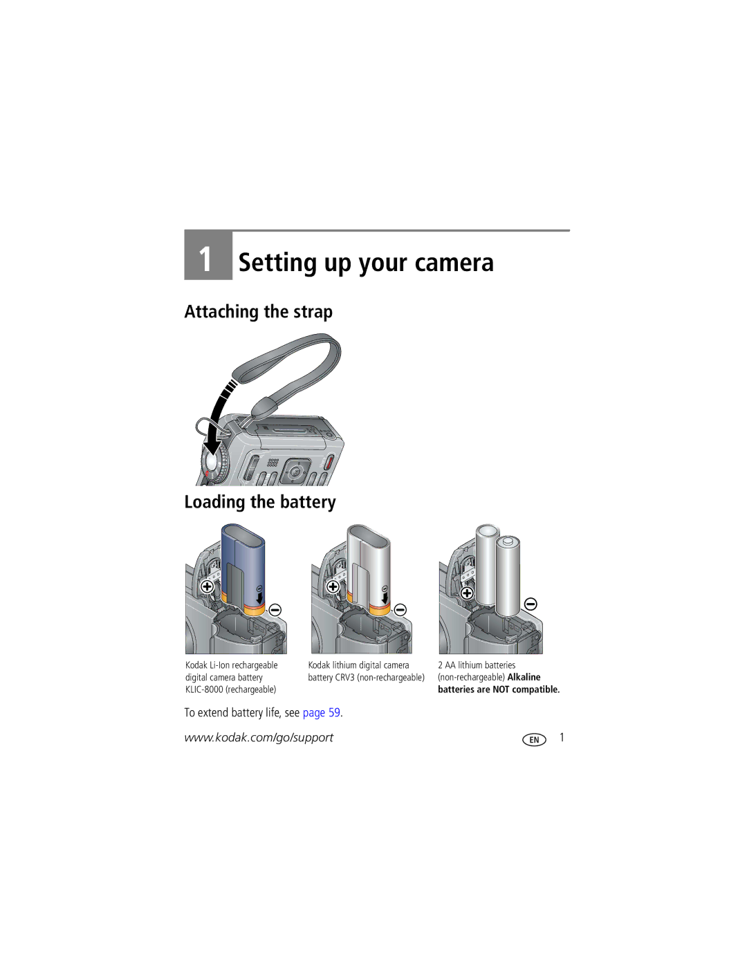 Kodak Z1085 IS manual Attaching the strap Loading the battery, To extend battery life, see 