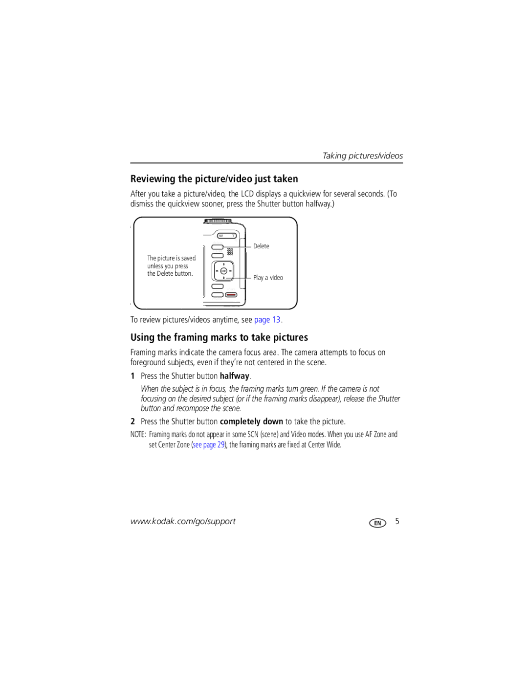 Kodak Z1285, Z1275 manual Reviewing the picture/video just taken, Using the framing marks to take pictures 