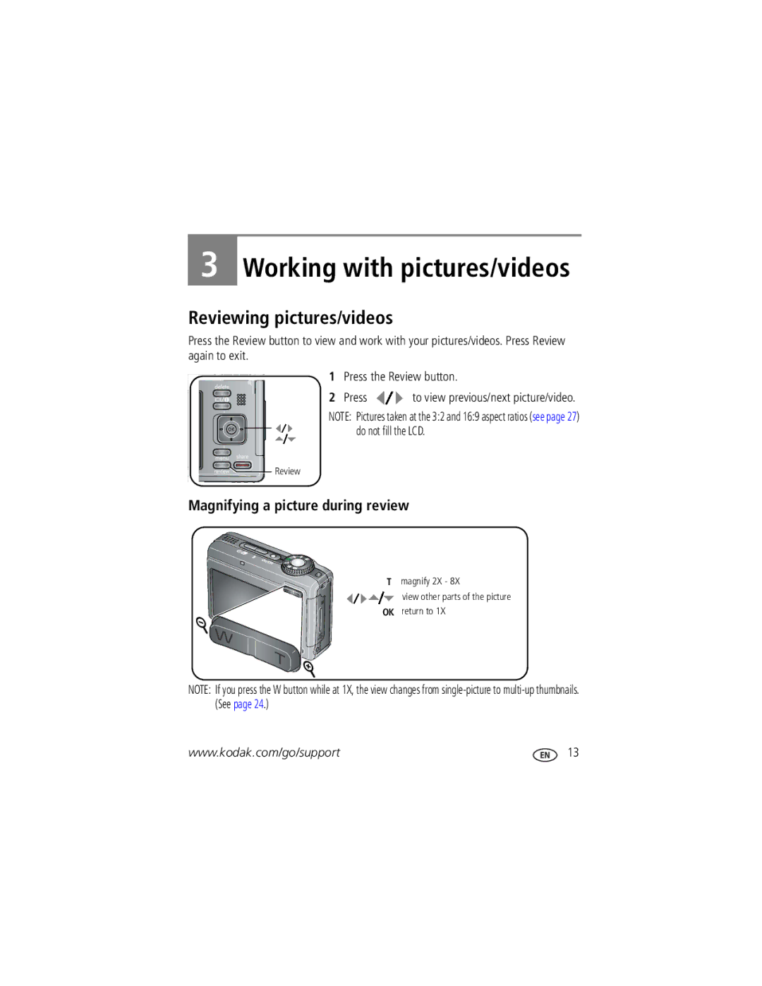 Kodak Z1285, Z1275 manual Reviewing pictures/videos, Magnifying a picture during review 