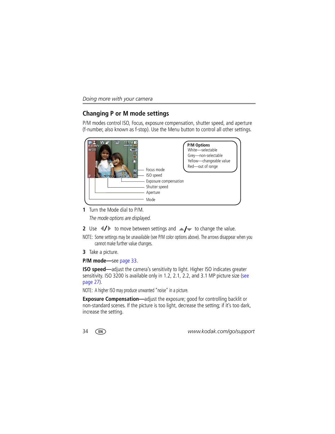 Kodak Z1275, Z1285 manual Changing P or M mode settings, Mode-seepage 