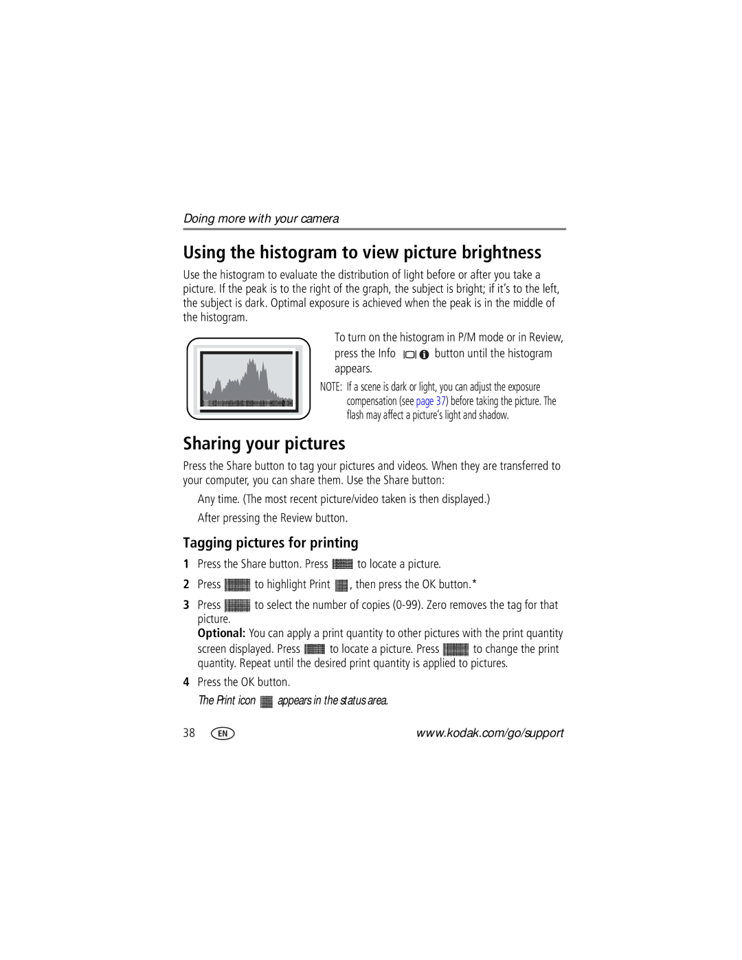 Kodak Z1275, Z1285 Using the histogram to view picture brightness, Sharing your pictures, Tagging pictures for printing 