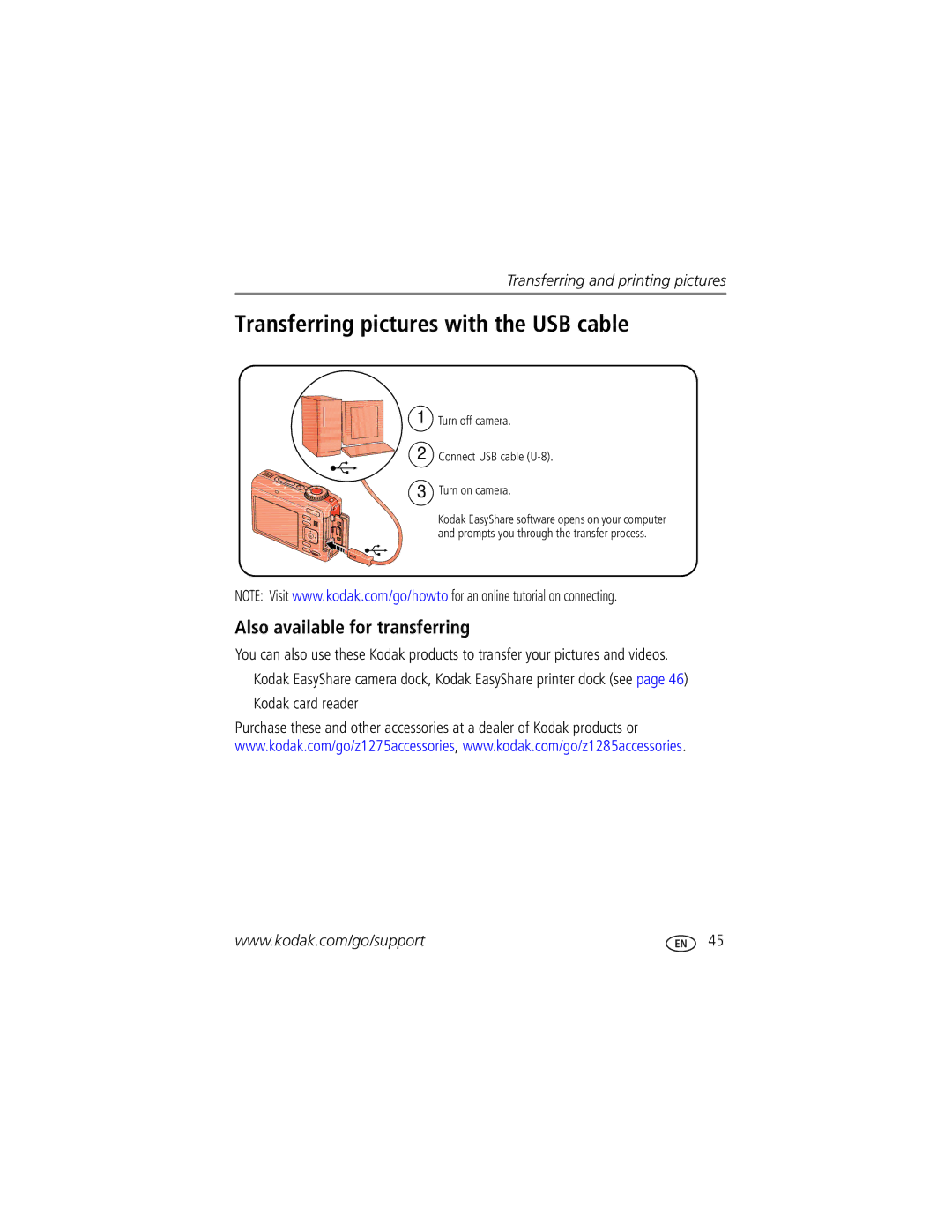 Kodak Z1285, Z1275 manual Transferring pictures with the USB cable, Also available for transferring, Kodak card reader 