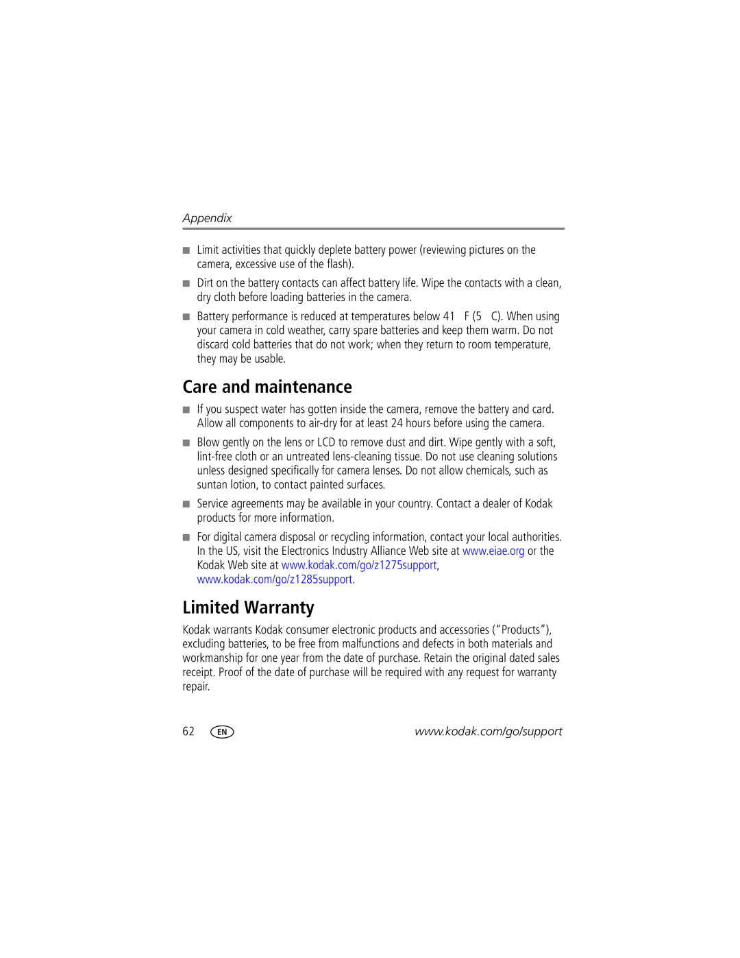 Kodak Z1275, Z1285 manual Care and maintenance, Limited Warranty 