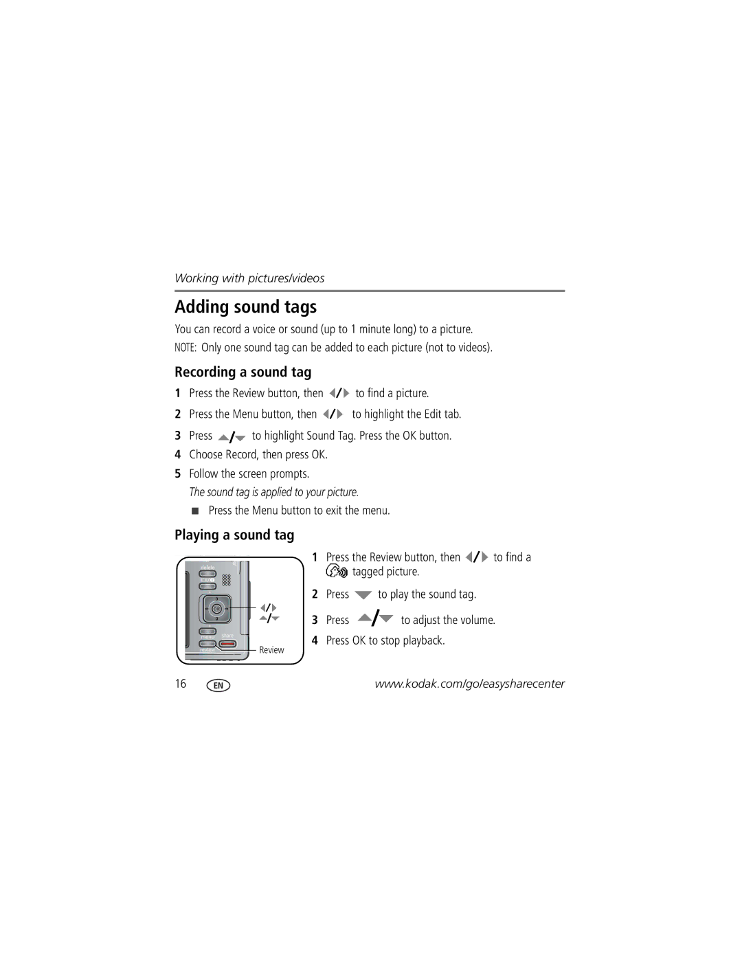 Kodak Z1275 manual Adding sound tags, Recording a sound tag, Playing a sound tag 