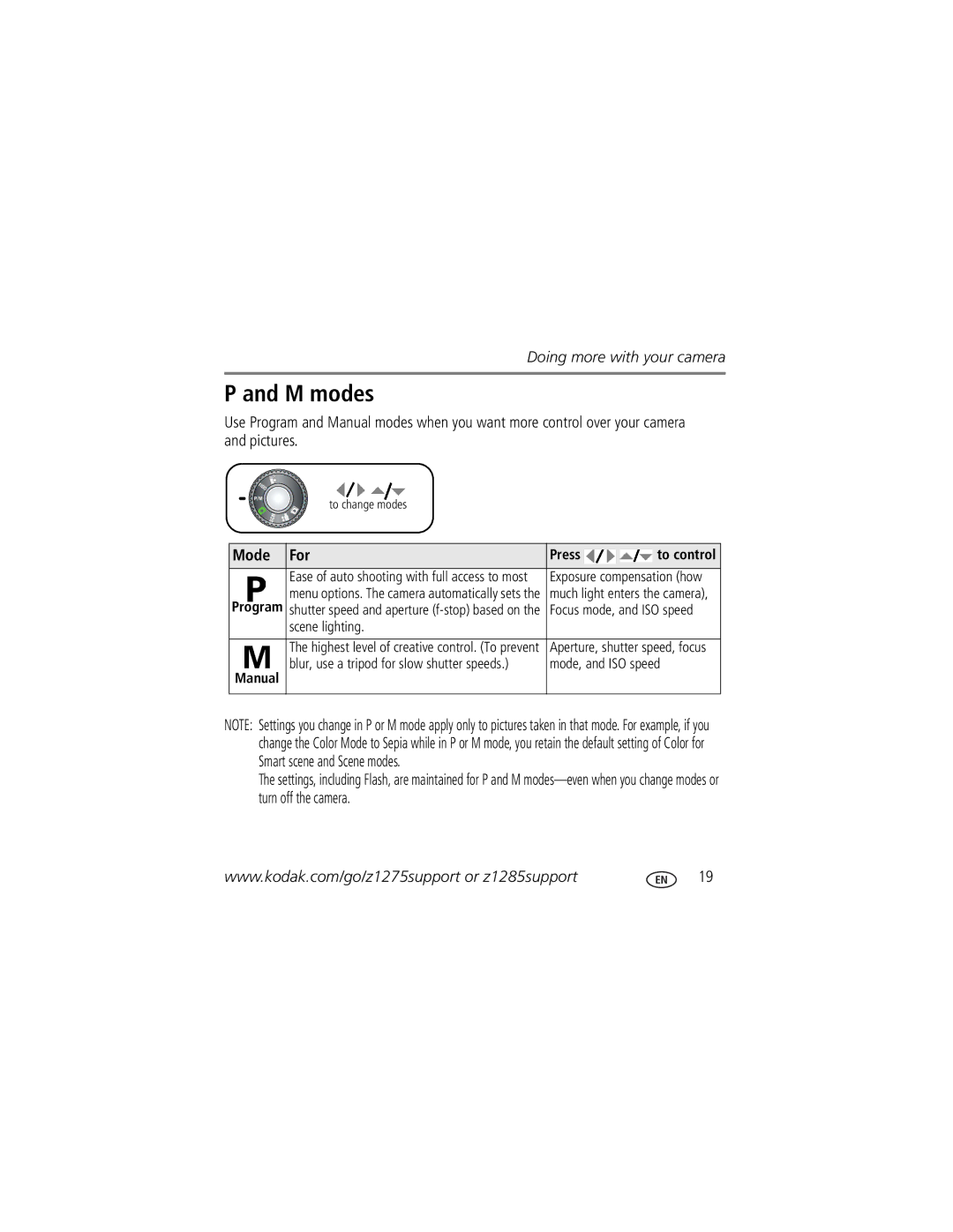 Kodak Z1275 manual M modes, Mode For, To control, Manual 