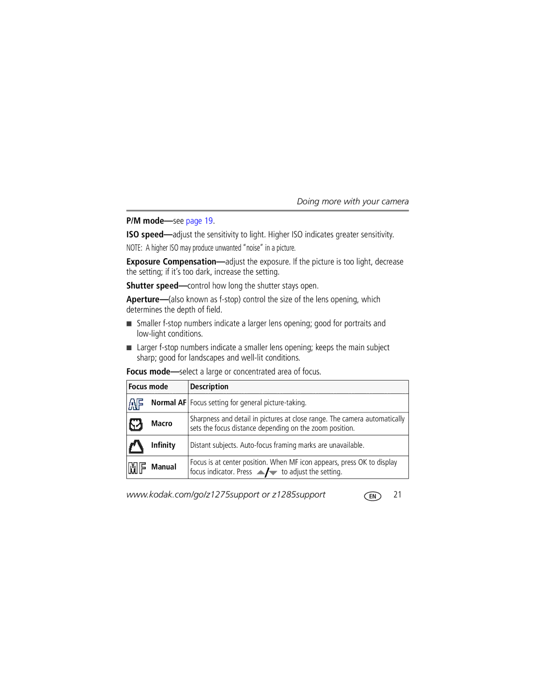 Kodak Z1275 manual Mode-seepage, Focus mode Description, Focus setting for general picture-taking Macro, Infinity 