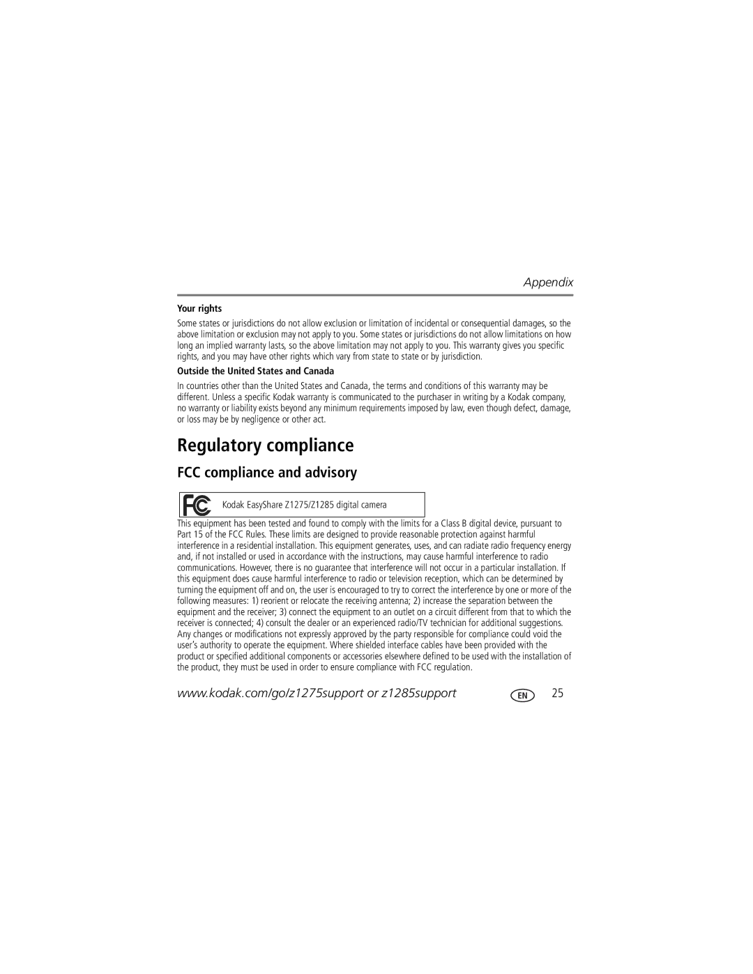 Kodak Z1275 manual Regulatory compliance, FCC compliance and advisory 