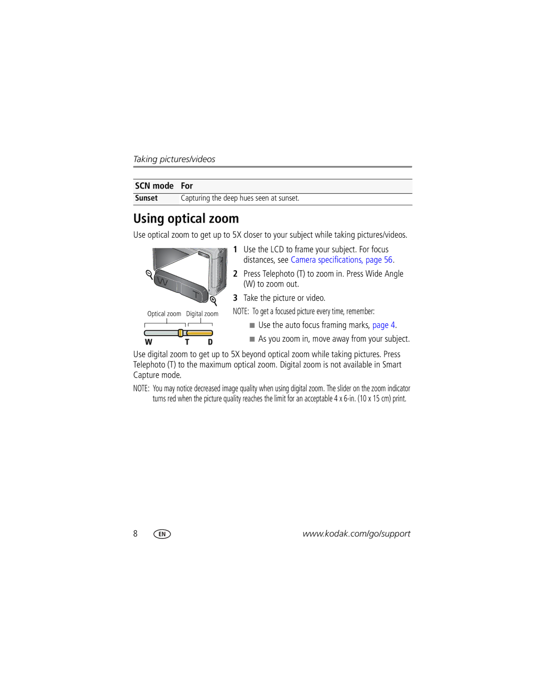 Kodak Z1485 IS manual Using optical zoom, SCN mode For, To zoom out, Take the picture or video 