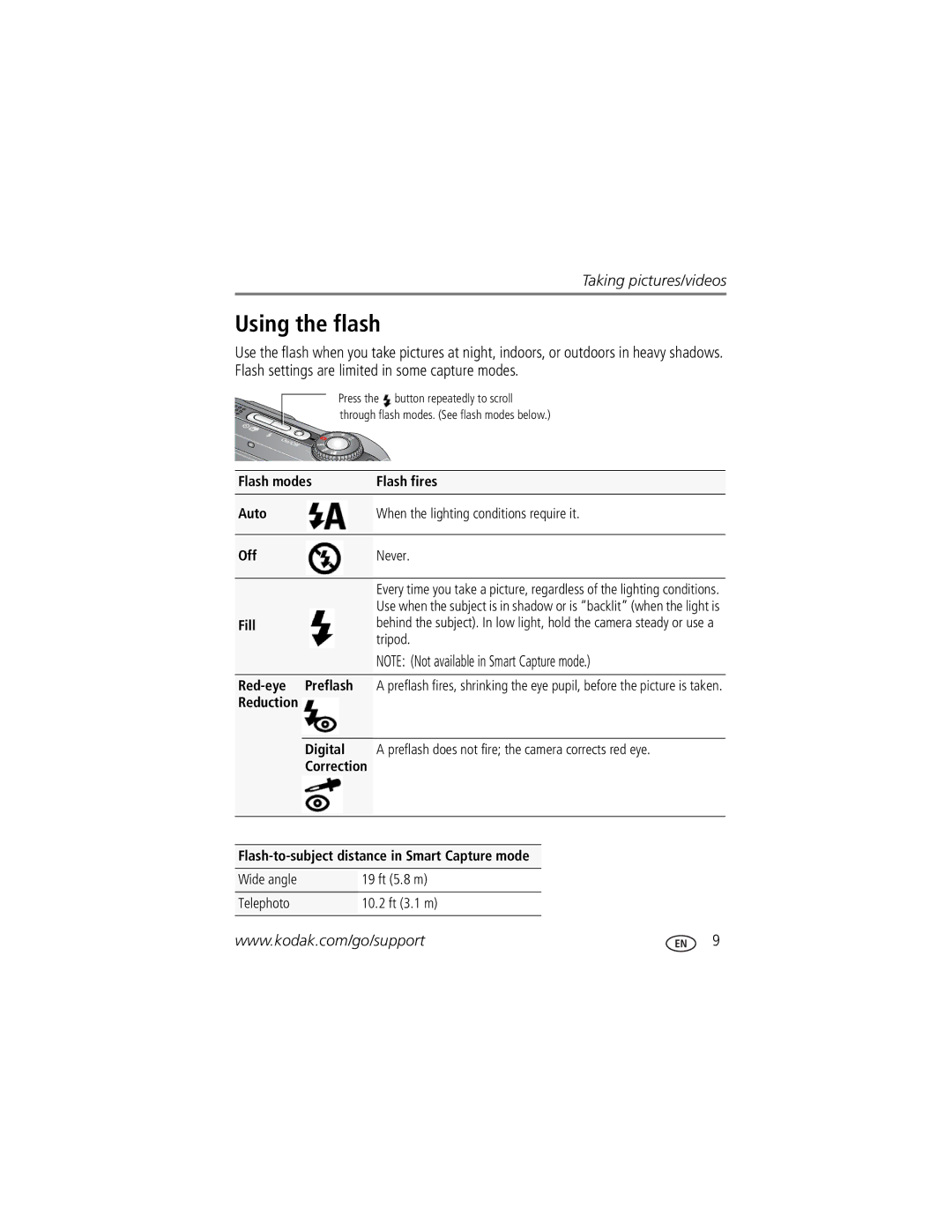 Kodak Z1485 IS manual Using the flash, Flash modes Flash fires Auto, Off Fill, Red-eye Preflash, Correction 