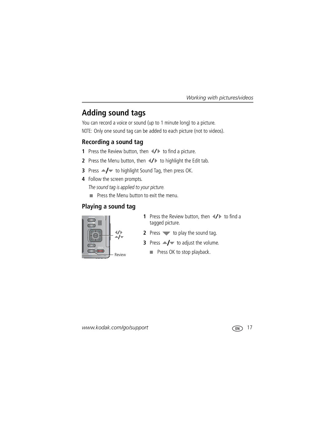 Kodak Z1485 IS manual Adding sound tags, Recording a sound tag, Playing a sound tag 