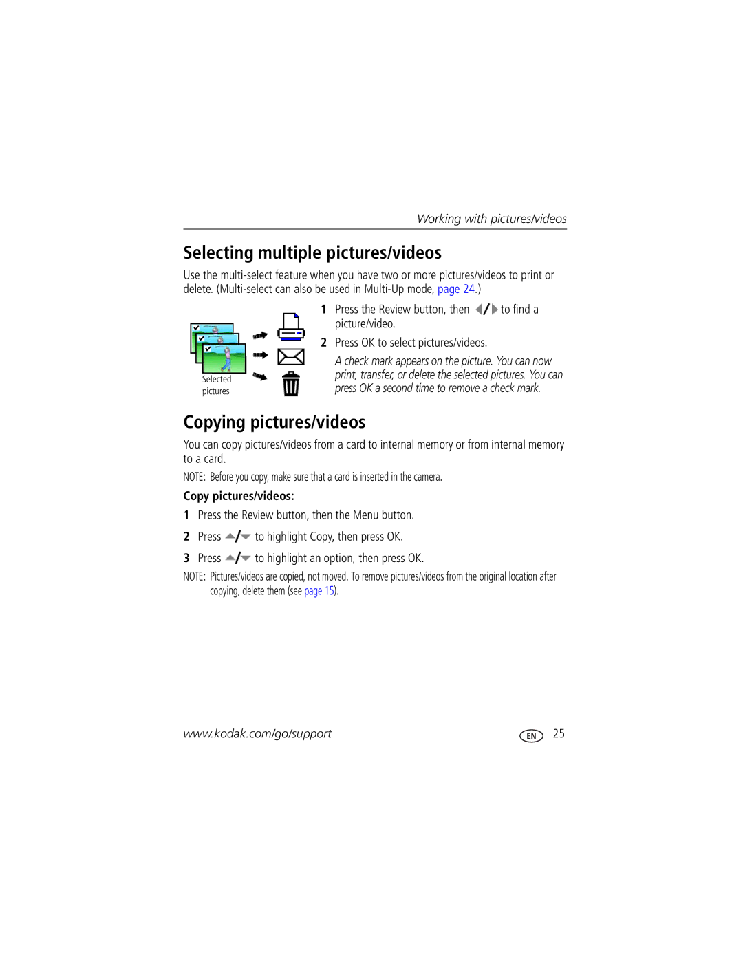 Kodak Z1485 IS manual Selecting multiple pictures/videos, Copying pictures/videos, Press the Review button, then to find a 