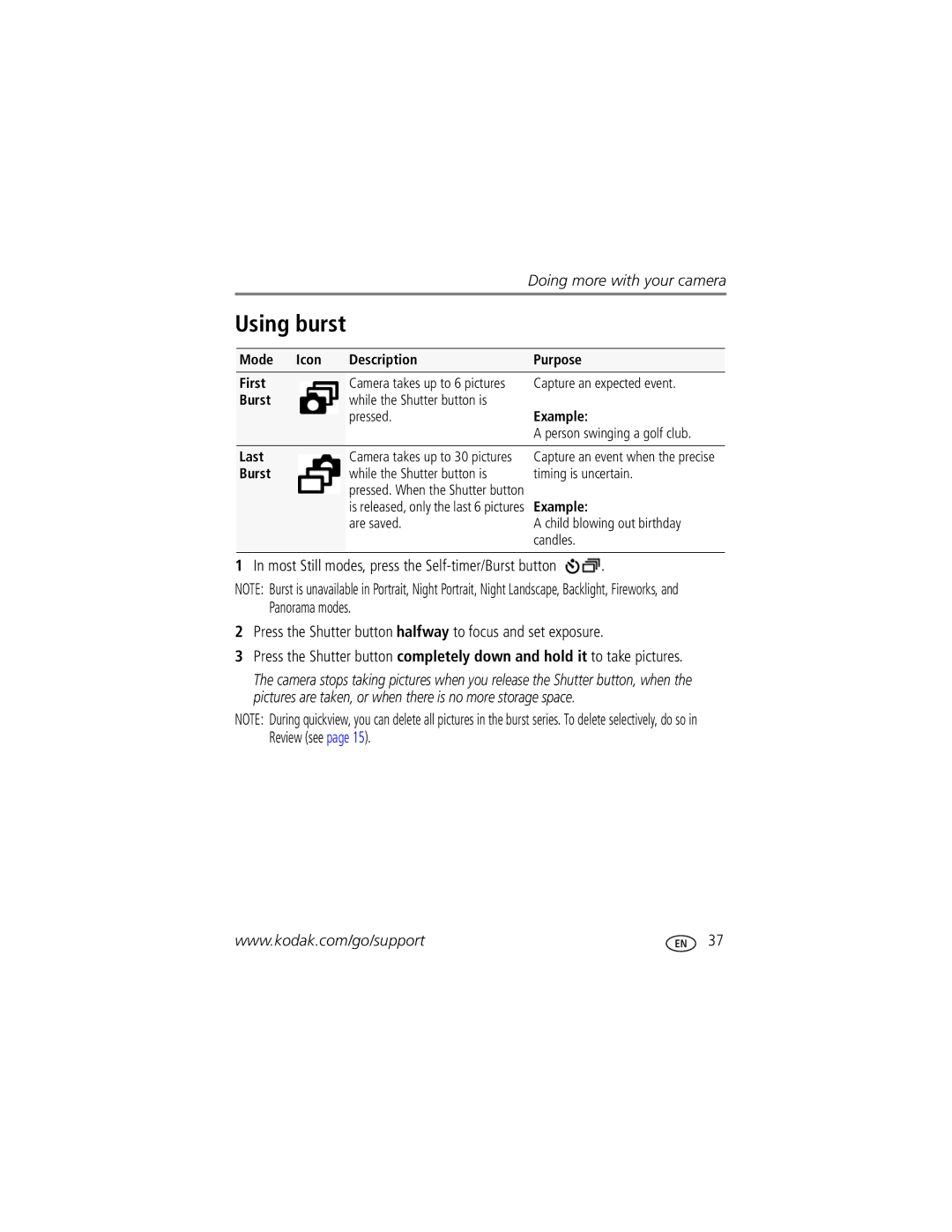 Kodak Z1485 IS manual Mode Icon Description Purpose First, Capture an expected event, Burst 