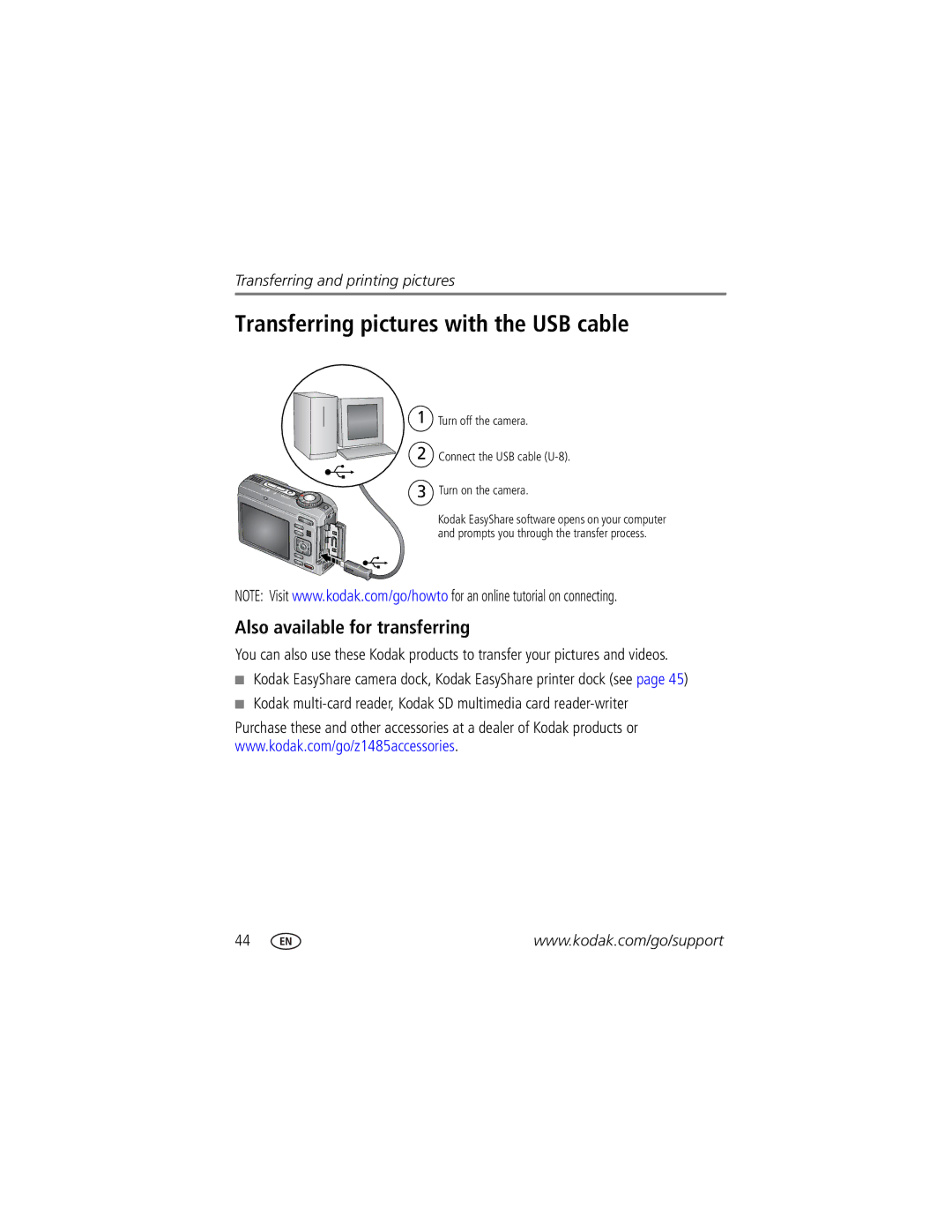 Kodak Z1485 IS manual Transferring pictures with the USB cable, Also available for transferring 