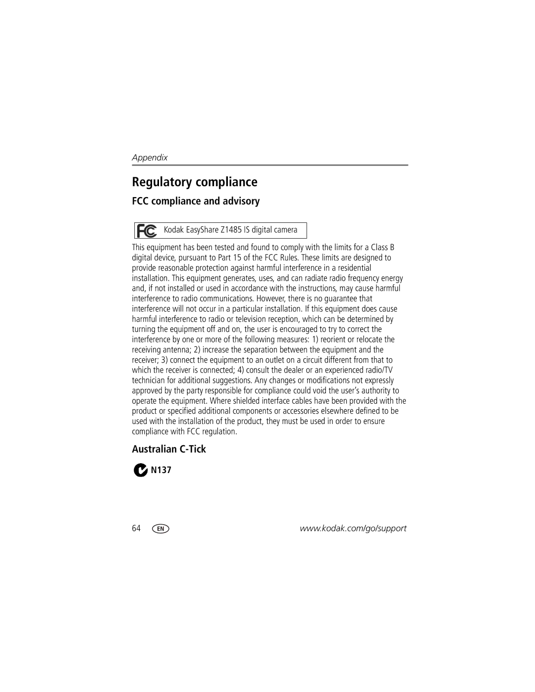 Kodak Z1485 IS manual Regulatory compliance, FCC compliance and advisory, Australian C-Tick, N137 