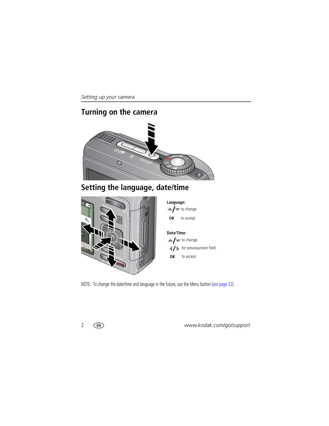 Kodak Z1485 IS manual Turning on the camera Setting the language, date/time 