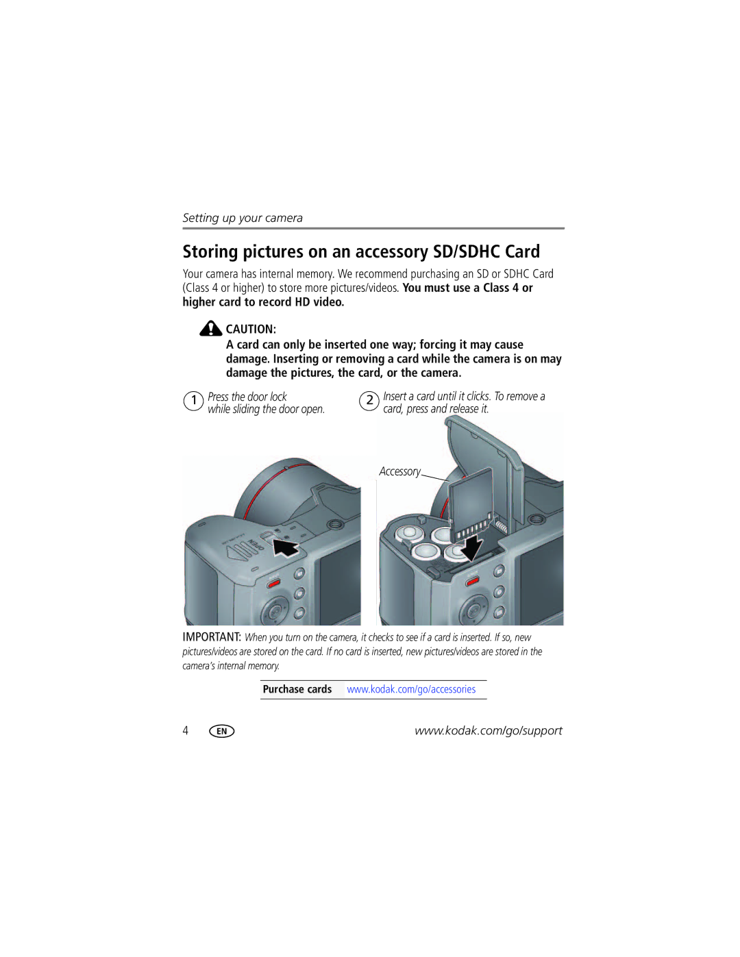 Kodak Z5010 manual Storing pictures on an accessory SD/SDHC Card, Accessory 