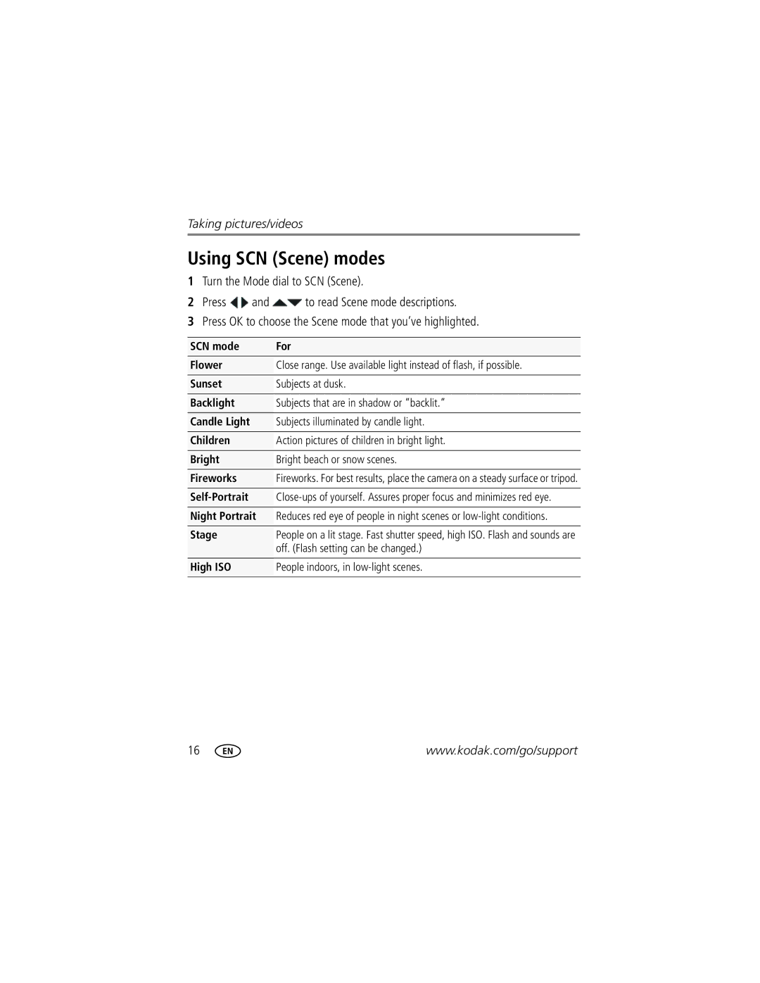 Kodak Z5010 manual Using SCN Scene modes 