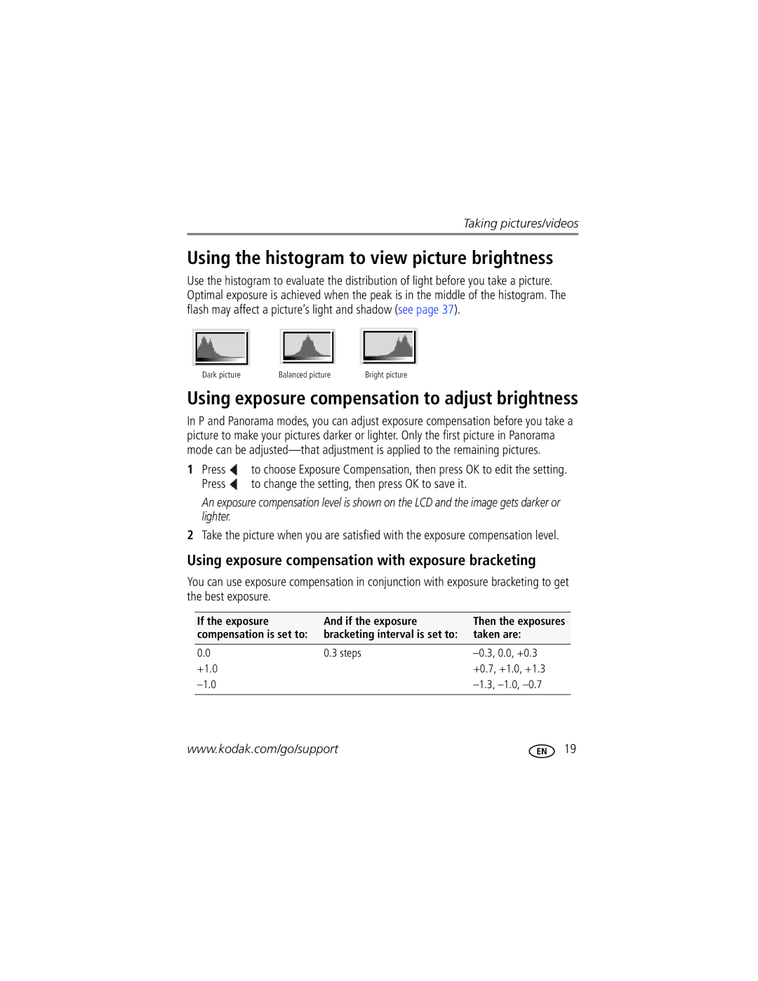 Kodak Z5010 manual Using the histogram to view picture brightness, Using exposure compensation with exposure bracketing 