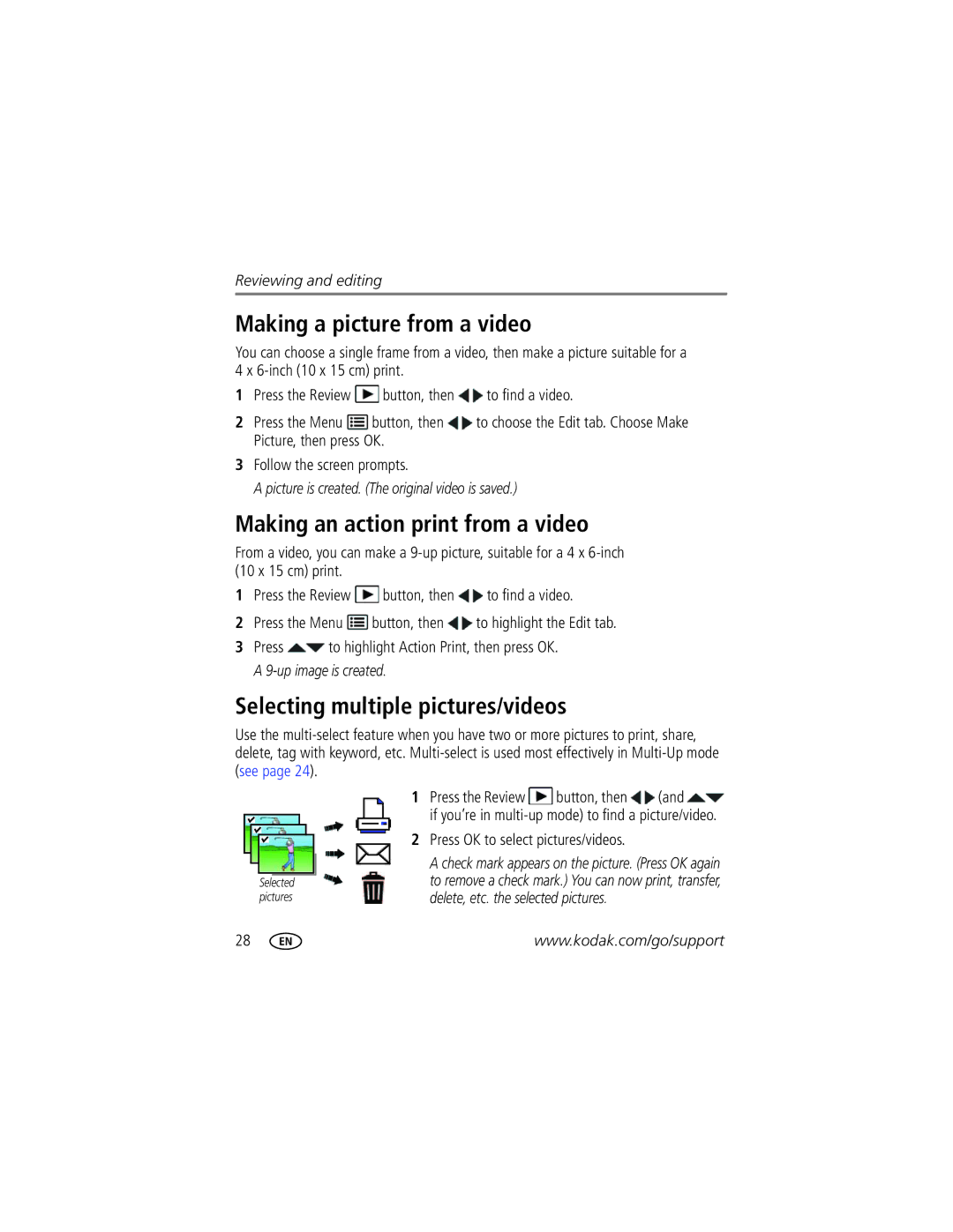 Kodak Z5010 manual Making a picture from a video, Making an action print from a video, Selecting multiple pictures/videos 