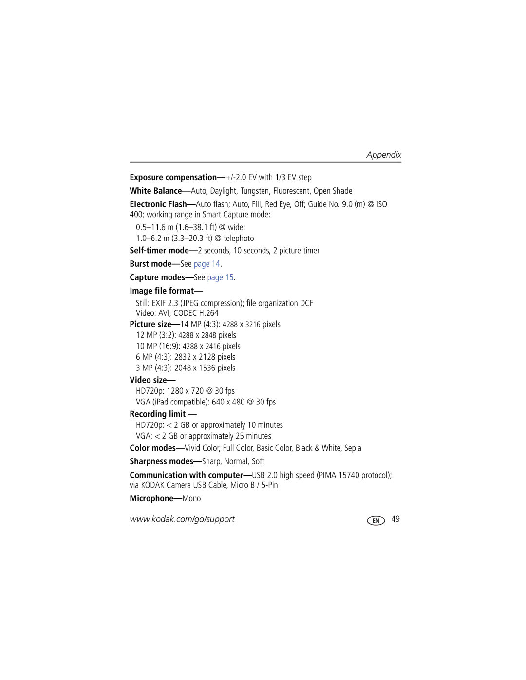 Kodak Z5010 manual Capture modes-Seepage Image file format, Video size, Recording limit 