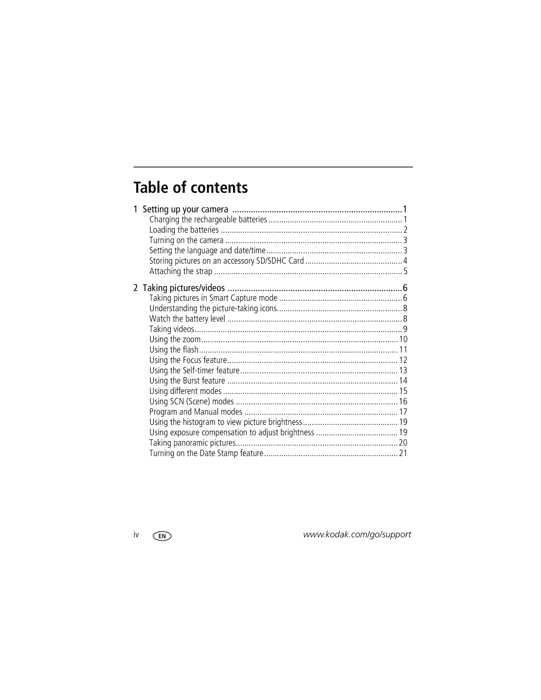 Kodak Z5010 manual Table of contents 