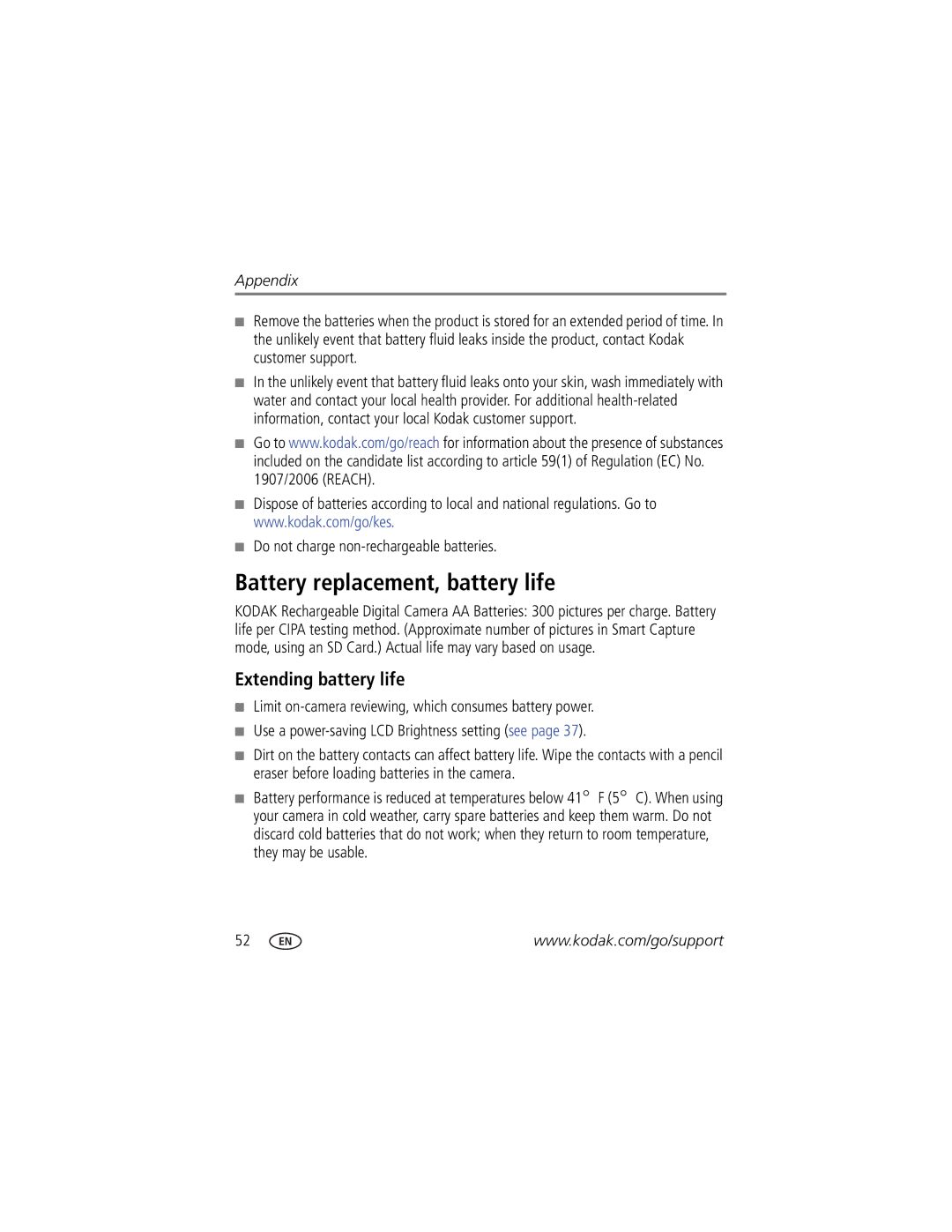 Kodak Z5010 manual Battery replacement, battery life, Extending battery life, Do not charge non-rechargeable batteries 